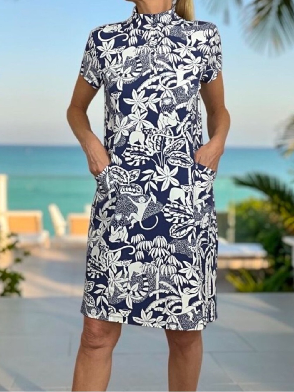 J. McLaughlin Dorte Dress Navy Blue Tropical Jungle Monkey Catalina Cloth Sz XL